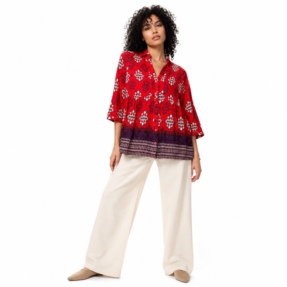 Maeve Anthropologie Womens Red Ikat Print Blouse Sz 4 Festival Boho
